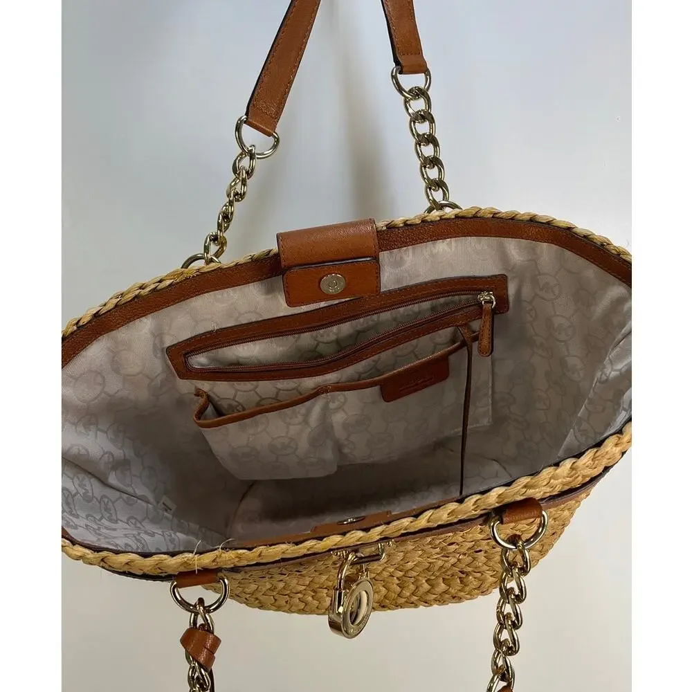 Michael Kors Hamilton Corn Husk Straw Tote Large Handbag